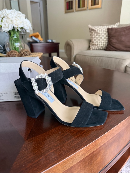 Jimmy Choo Shoes - Jimmy Choo Black Suede Crystal-Buckle Block Heel Sandals nwt size 40.5